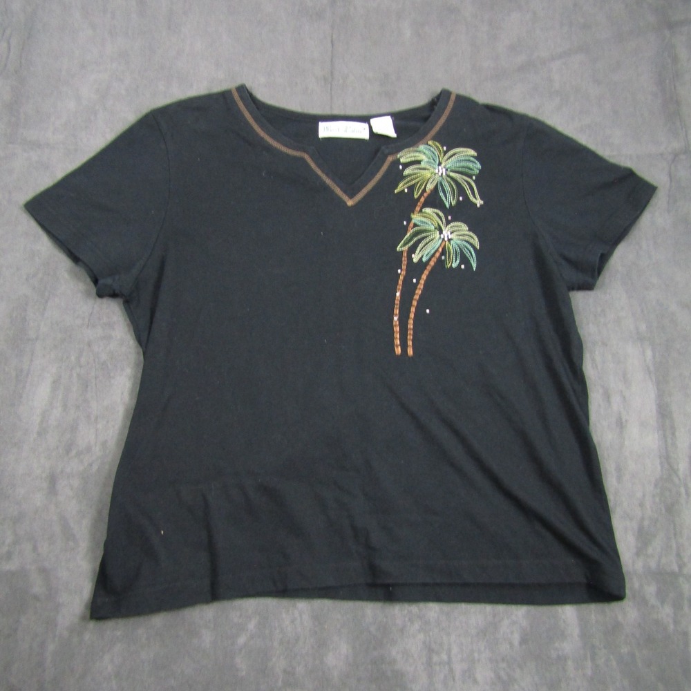 West Palm T-Shirt Women XL Black Palm Tree Embroidered Short Sleeve V-Neck Tee